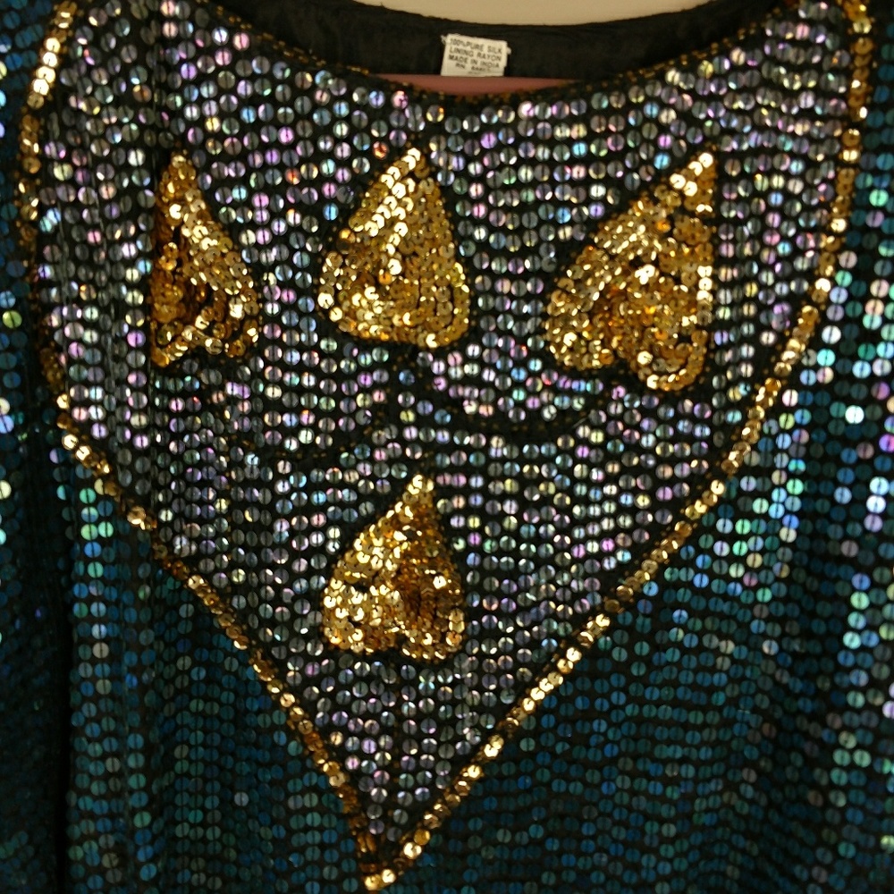 SOLD Vintage 100% silk sequin heart blouse 2X - Picture 5 of 8